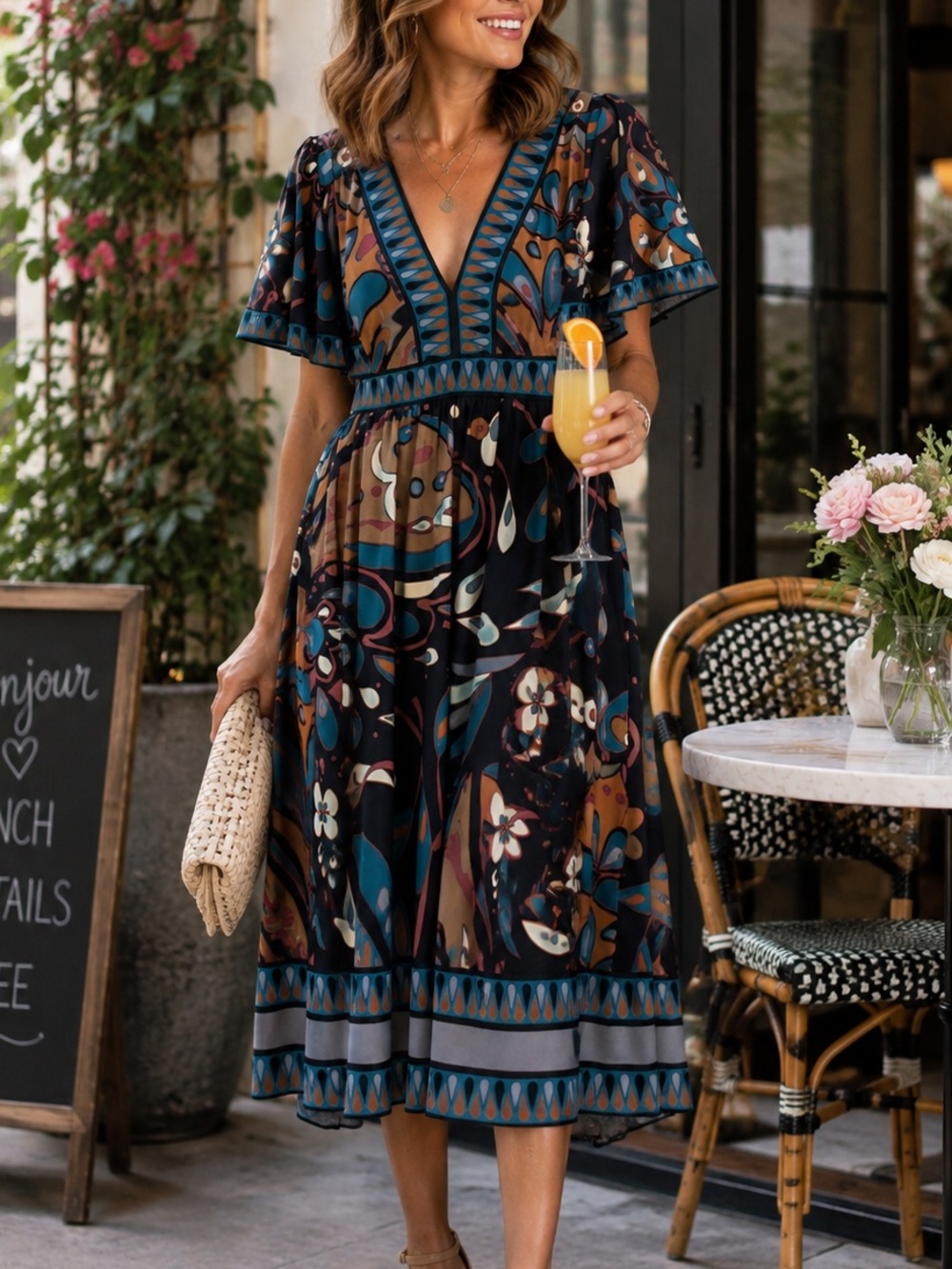 BCBGMAXAZRIA Abstract Boho Print Flutter Sleeve Midi Dress Size L